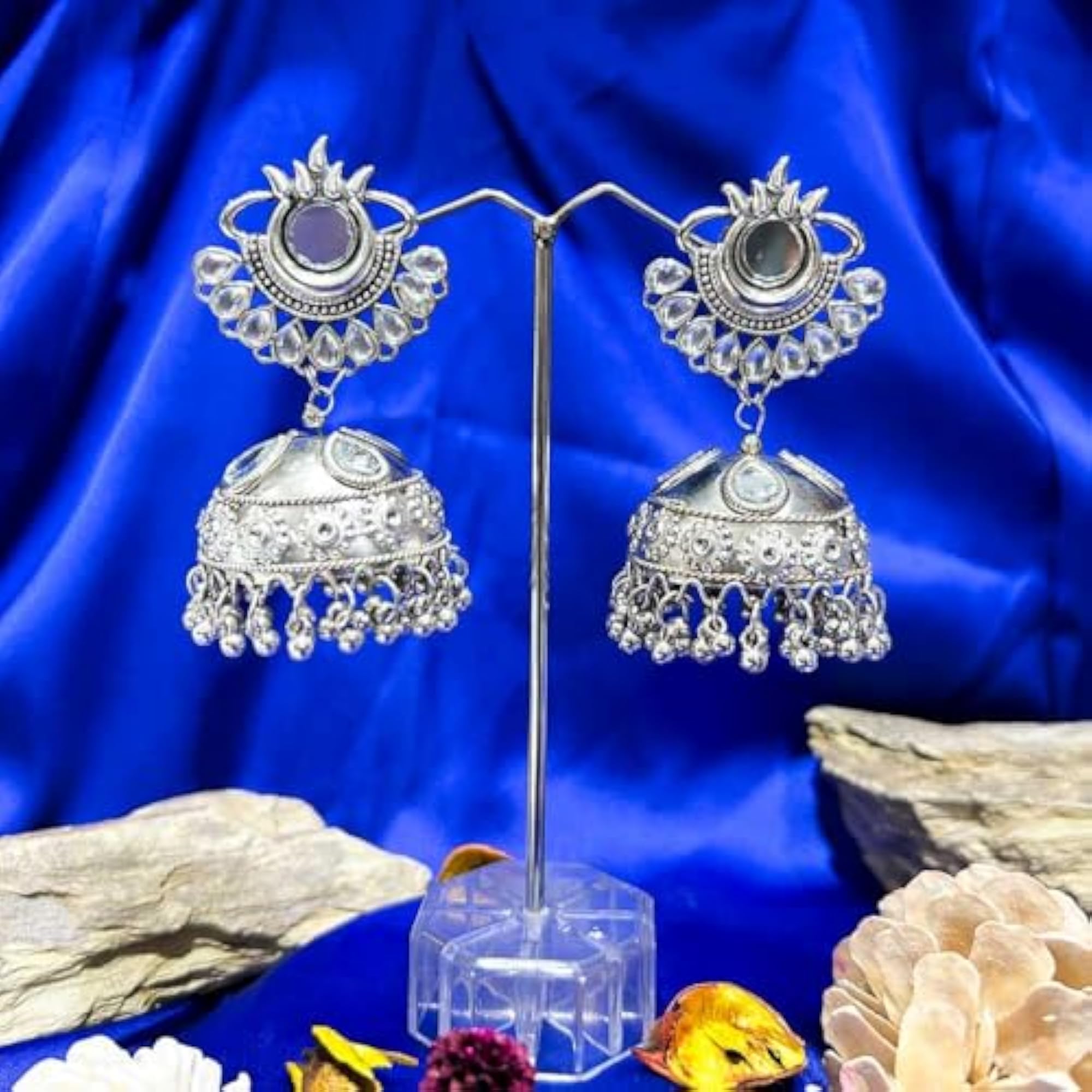 Oxidized Mirror Jhumka Earrings with Tassel Drops